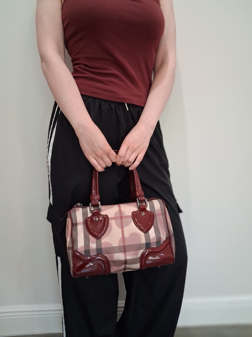 Authentic Burberry Nova Ck ❤️ Print Mini Bowler Bag Burgundy Patent Leather Y2K
